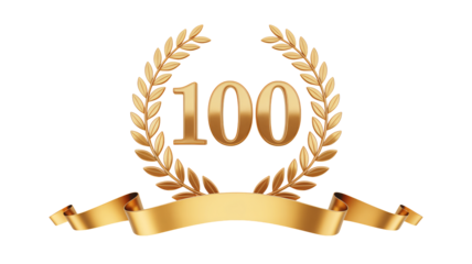 Golden 100 Anniversary Badge with Laurel Wreath and Ribbon in Elegant Luxury Style with Golden Color and Soft Lighting for Premium Branding