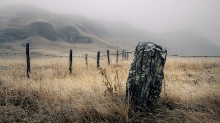 Rustic fence and weathered post in foggy landscape with dried grass