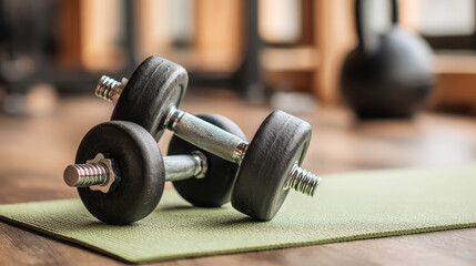 Black dumbbells and a green mat in a fitness center, sports, Pilates, bodyshape, gym, stylish fitness studio, healthy lifestyle, sports equipment, exercise, weights