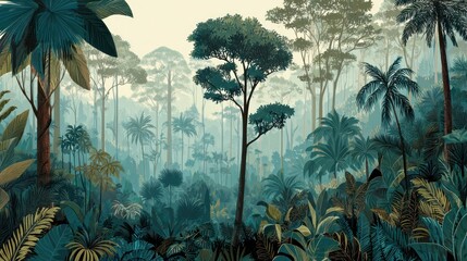 Illustrated tropical forest scene with diverse trees and lush vegetation nature artwork