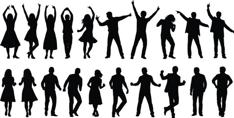 Dancing people silhouettes, party celebration poses, male and female dance figures, joyful movement illustration, modern dancer vector set, energetic human silhouettes