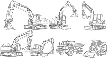 Heavy Construction Equipment Collection with Excavators Dump Trucks and Pickup Truck Towing Mini Digger on Trailer Vector Illustration for Industry © MstAfzalun