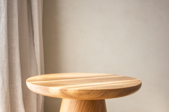 light wooden empty tabletop close up. wooden table mock up. wooden tabletop pedestal. product display. empty beige wall with copy