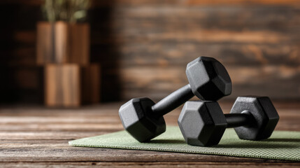 Black dumbbells and a green mat in a fitness center, sports, Pilates, bodyshape, gym, stylish fitness studio, healthy lifestyle, sports equipment, exercise, weights