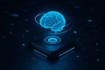 Futuristic glowing digital brain hologram projecting artificial intelligence technology innovation for data science and advanced research