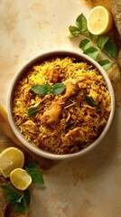 Morog Polao (chicken pilaf) from Bangladesh centered on a beige background, minimalist food photo, template for social media, digital ads, web banners, mobile wallpapers, greeting cards