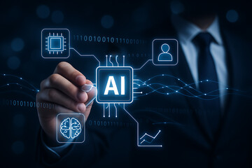 Futuristic innovation showing artificial intelligence chip and neural learning structures connected with business technology design and virtual processing networks