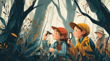Children exploring a forest with magnifying glasses looking for clues illustration