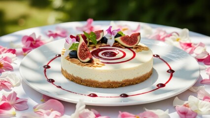 Gourmet cheesecake dessert decorated with fresh figs and berries on a white plate surrounded by pink flower petals outdoors