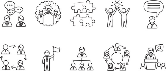 set Professional Business Leadership and Team Collaboration Line Icons