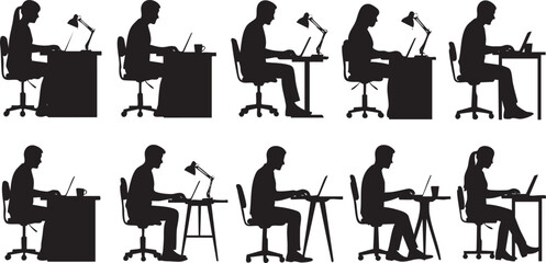 Office Professional Silhouettes at Desks and Ergonomic Workspace Elements
