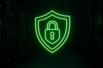 Green neon digital lock symbolizing cyber network defense encryption privacy protection for data centers