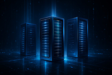 Glowing cyber data server towers symbolizing futuristic computing technology cloud hosting internet systems and network architecture modern blue neon illustration