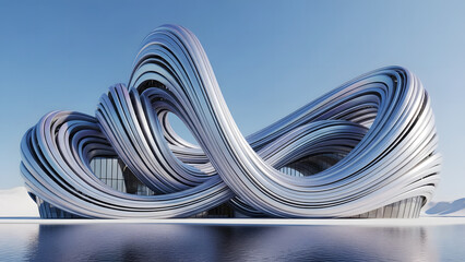 Abstract Modern Sculptural Architecture with Flowing Metallic Curves