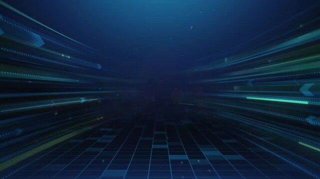 Animated Arrows Moving Forward on Abstract Background Scene. Animation loop with blue and green arrows flying over retro futuristic grid floor.