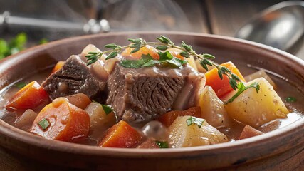 Hearty Beef Stew with Root Vegetables and Fresh Herbs A Rustic and Comforting Dish Perfect for a Cold Evening Served in a Brown Ceramic Bowl on a Wooden Table.