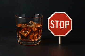 Health warning illustration showing alcohol glass with ice cubes beside caution stop message for addiction prevention