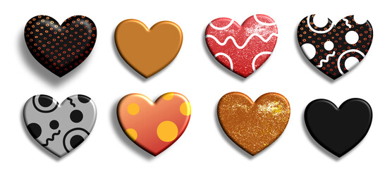 Decorative heart shapes with various patterns and chocolate brown tones