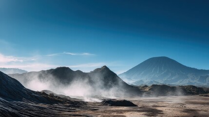 Dramatic landscape with mountain silhouettes and atmospheric fog under a blue sky