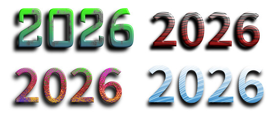 Creative 2026 typography set with diverse colorful textures and styles