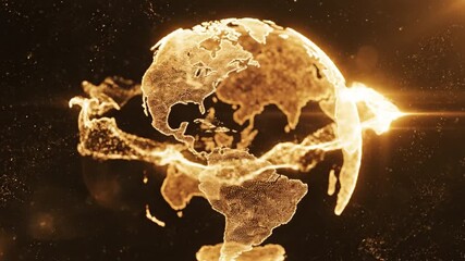 Golden digital globe composed of glowing particle map and golden particle globe map earth digital network sphere futuristic data visualization showing Europe Africa with luminous abstract earth - Powered by Adobe