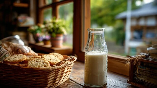 Pastries and milk on windowsill morning light