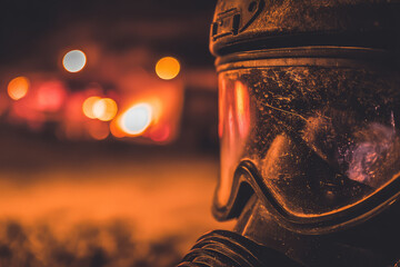 Obraz premium Intense combat soldier wearing tactical suit and protective biohazard gas mask looking at devastation with serious expression in dark night war zone illuminated by orange fire bokeh lights
