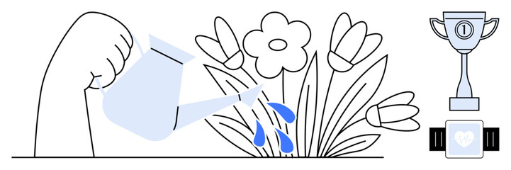 Growth concept. Growth ed by watering flowers for nurturing development and blooming results. Growth tied to achieving success and personal accomplishments. For motivation, potential, success