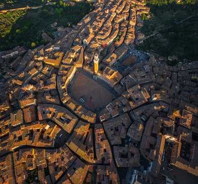Aerial view of the Piazza del Campo's distinctive shell shape bathed in the golden light of sunset, framed by the medieval architecture, Siena, Tuscany, Italy.