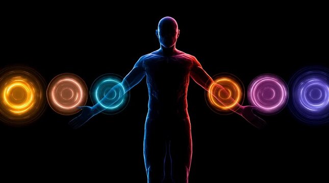 Seven chakra colors shown as soft, glowing light orbs orbiting a human silhouette. Slow synchronized rotation creates an abstract energy balance concept on a minimal background, loop-friendly.
