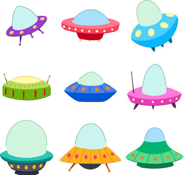 Various colorful flying saucers representing different extraterrestrial spacecraft designs, creating a fun collection of ufos for fantasy, science fiction, and children s content