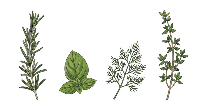 A fresh collection of four culinary herbs including rosemary basil dill and thyme in a detailed botanical vector illustration.