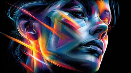 This artistic portrait of a woman features bold colors and abstract details in a contemporary design.
