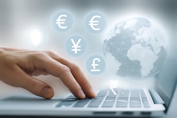 Online financial transaction showing global currencies with hologram economy icons and digital world business transactions technology