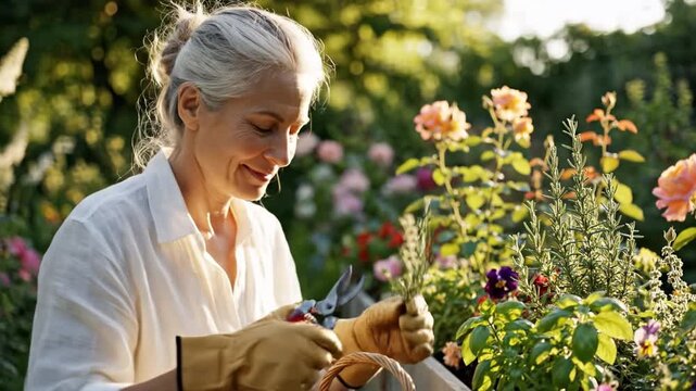 Elderly woman gardening with pruning shears harvesting rosemary and rose flower sunlit backyard garden woman harvesting herbs and potted plant golden hour smiling contentedly, serene warm light