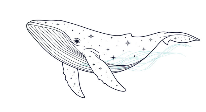 Mystical hand-drawn sketch of a celestial whale swimming gracefully through cosmic waves and sparkling stars on a clean white background.