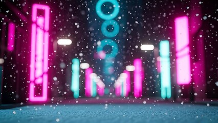 Vibrant neon bars glowing in snowy night scene with dynamic lights