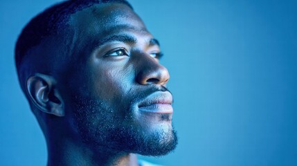 Close-up portrait of a thoughtful Black man looking upwards with a blue hue.