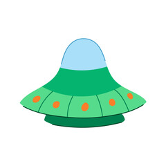 Fototapeta premium Green alien spaceship illustration with a blue dome and orange lights, flying through the universe representing extraterrestrial exploration and futuristic technology