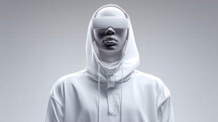 A futuristic person with a white hoodie and vr glasses poses.