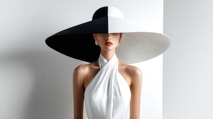 The woman in a big black and white hat, wearing a classy, elegant outfit.