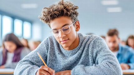 A young student intently concentrates on an exam in a bright classroom setting.