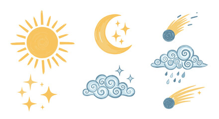 A whimsical set of weather and celestial doodles including a sun moon stars clouds and comets drawn in a cute crayon texture style.