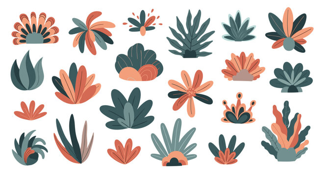 A large collection of abstract and stylized bushes plants and foliage in muted terracotta and teal colors for modern design.