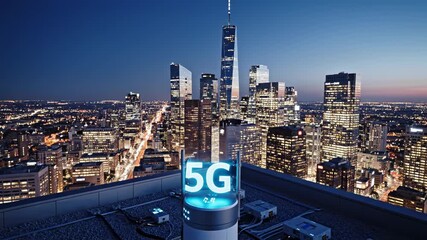 Glowing 5g symbol disappearing on rooftop antenna over cityscape at twilight, representing telecommunication and modern network service evolution. - Powered by Adobe