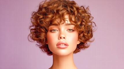 A captivating portrait of a woman with stunning red curly hair and a radiant glow.