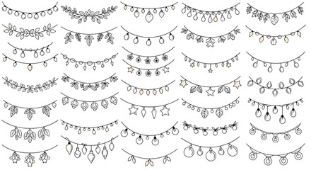 Obraz premium Large collection of hand-drawn doodle-style hanging party garlands and string lights for festive decoration on a white background.