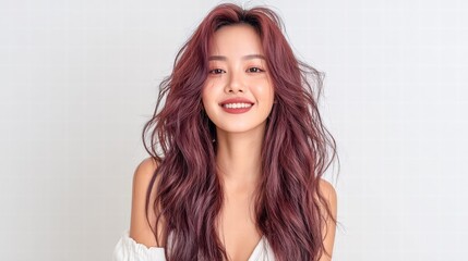 An attractive young woman with red hair smiles brightly in a studio setting.