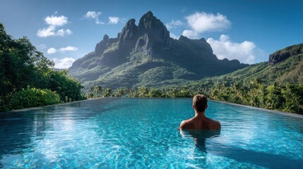 Man enjoying the view of a mountain from an infinity pool.