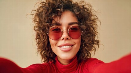 Smiling woman with curly hair wearing red sunglasses and a turtleneck.